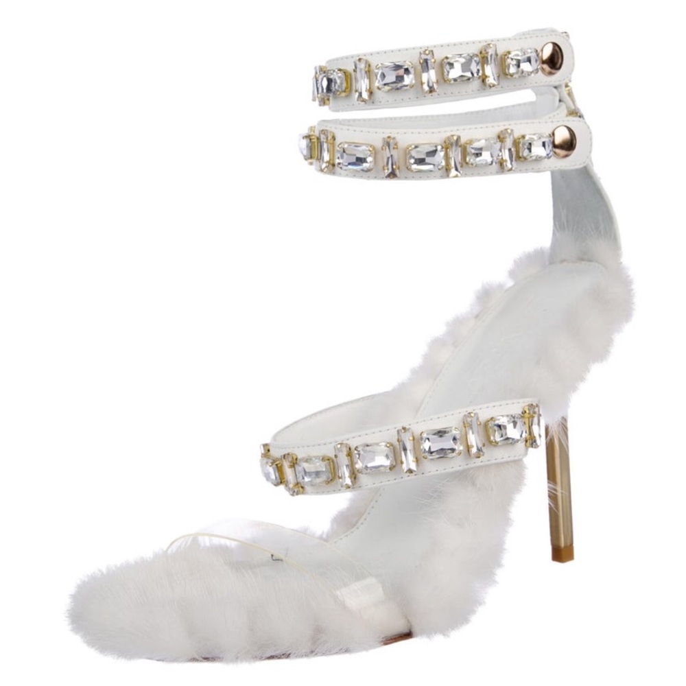 IAMJENNIFERLE Minki Heels, Size 39. White mink heels. Gold bling detail.